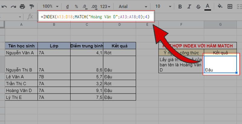 Kết hợp INDEX với MATCH